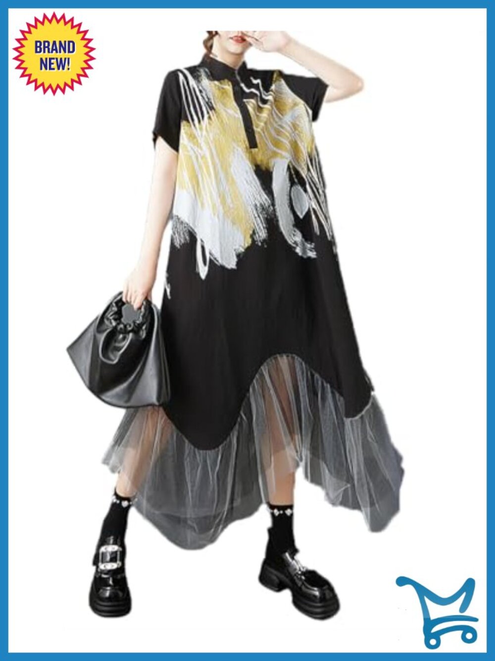 Printed Shift Dress Mock Neck Short Sleeve Tulle Hem Cotton Blend